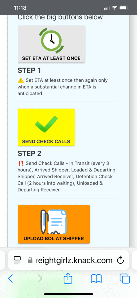 Driver check call and load completion screen