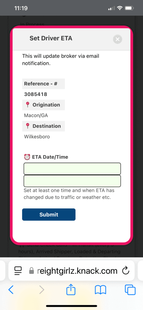 Driver sets ETA in TMS screen