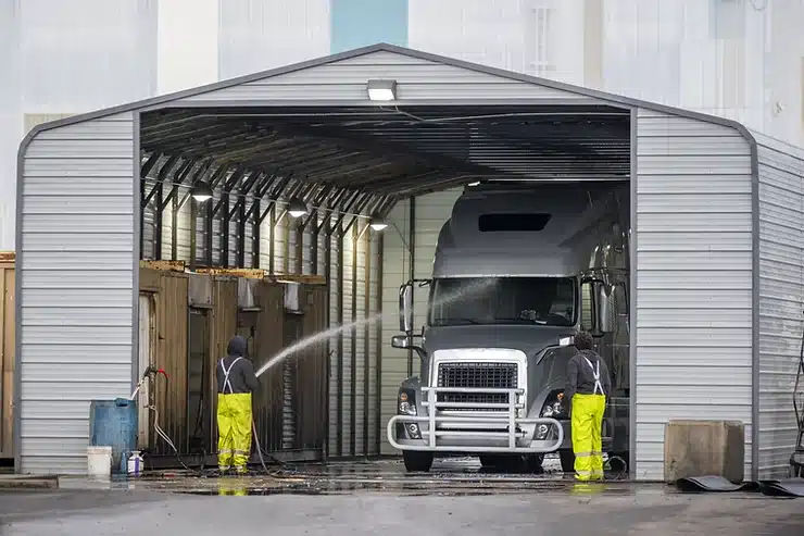 Tractor trailer getting washed