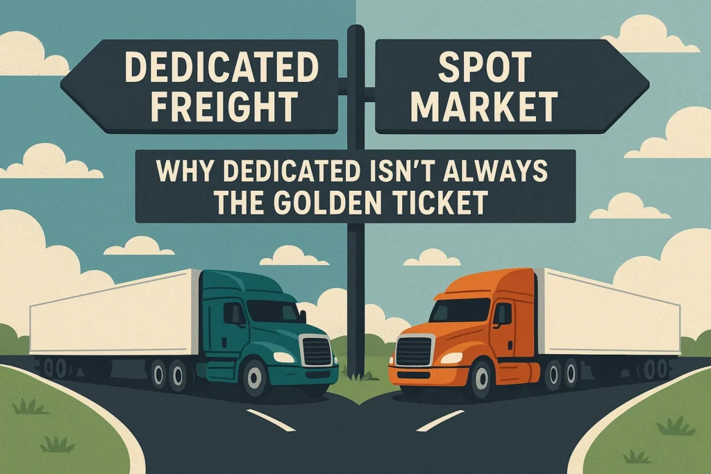 Dedicated freight vs spot market infographic with two trucks at a road fork