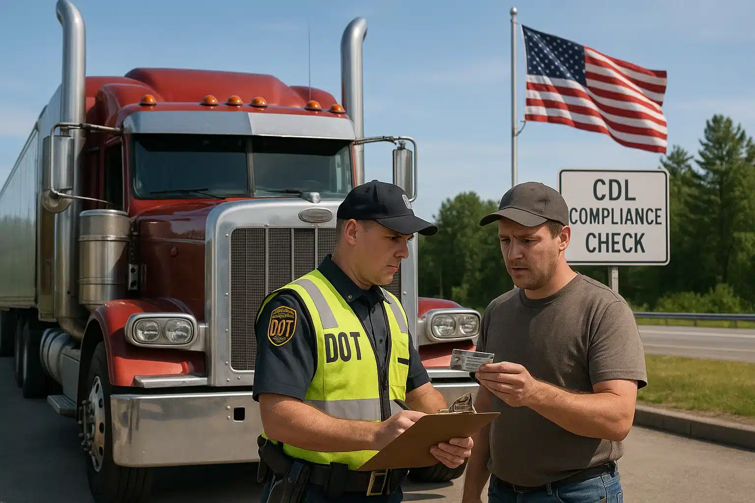 DOT Compliance Check for Non-Domiciled CDL Driver – Freight Girlz Blog DOT officer checking non-domiciled CDL at compliance stop with red semi-truck and American flag