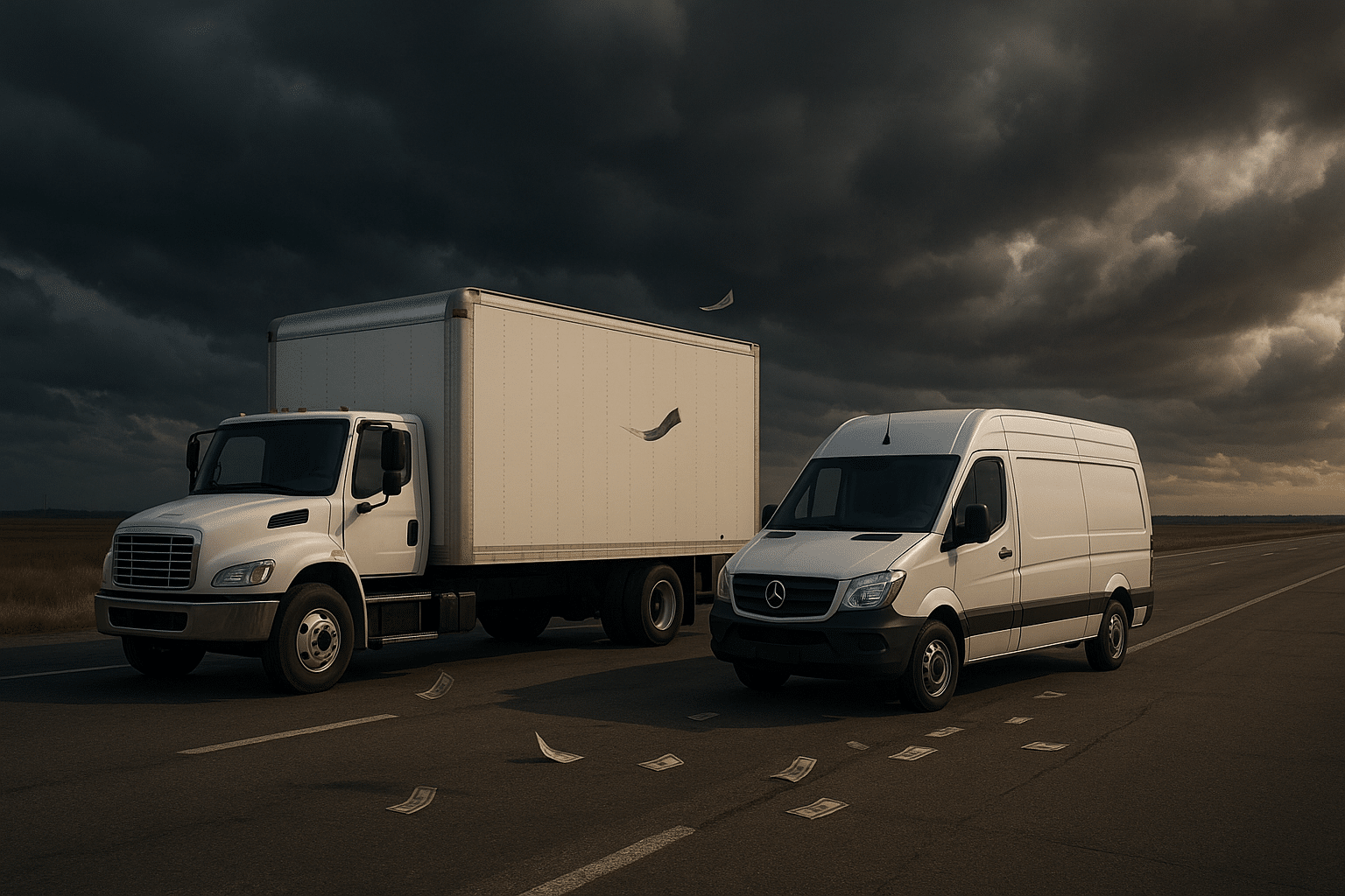 Box truck business and sprinter van parked on empty highway showing startup risks and lack of freight