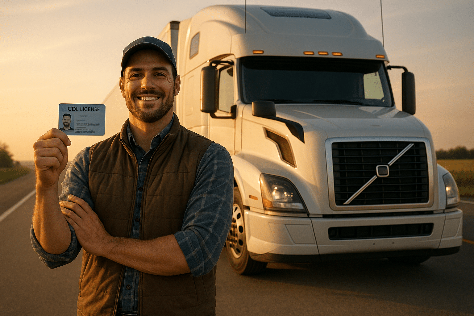 New CDL Driver Starting Career with Semi Truck A proud new driver standing beside a semi-truck after learning how long to get CDL and earning their commercial license