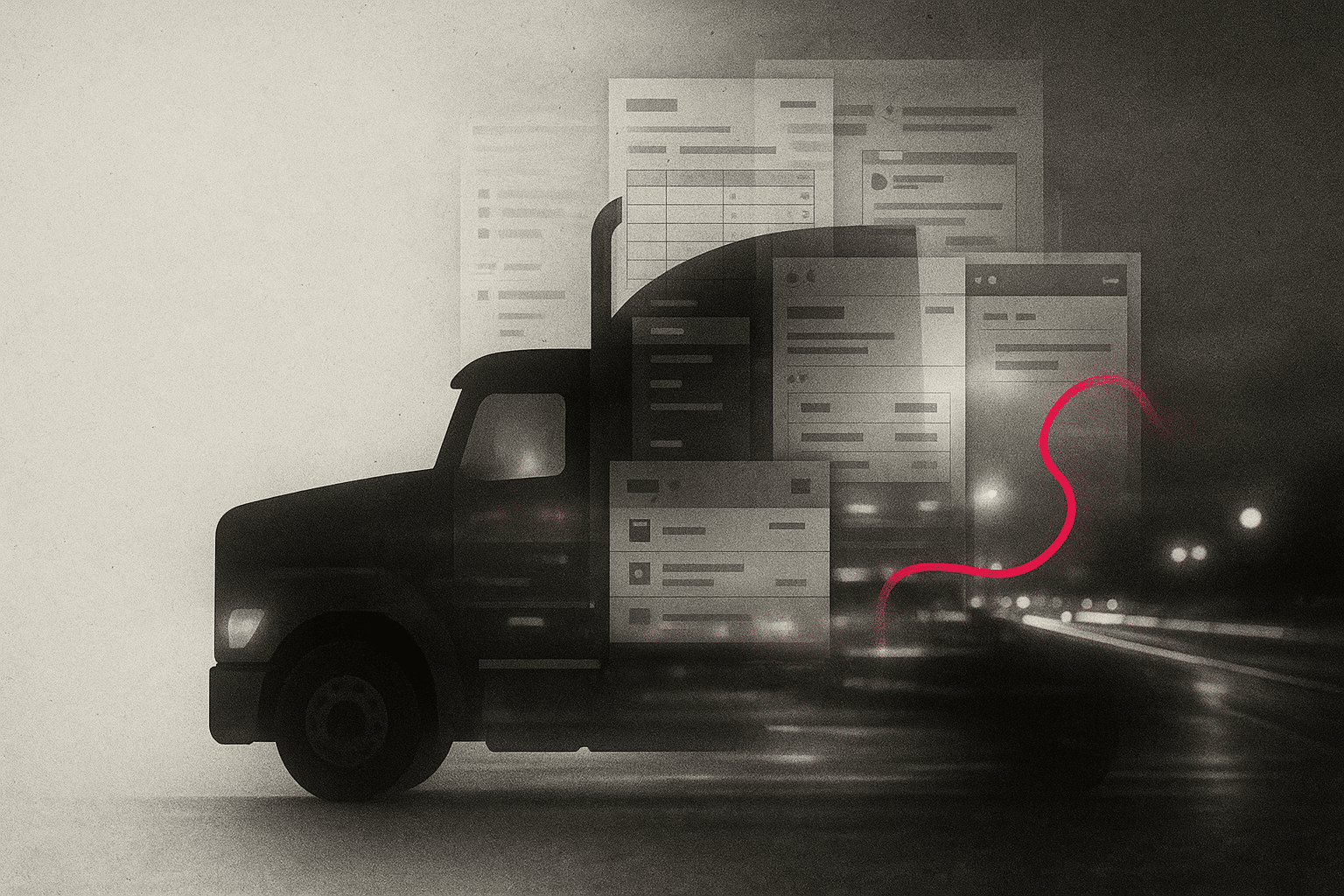 Editorial double-exposure of a semi-truck with abstract paperwork and highway lights, symbolizing broker transparency