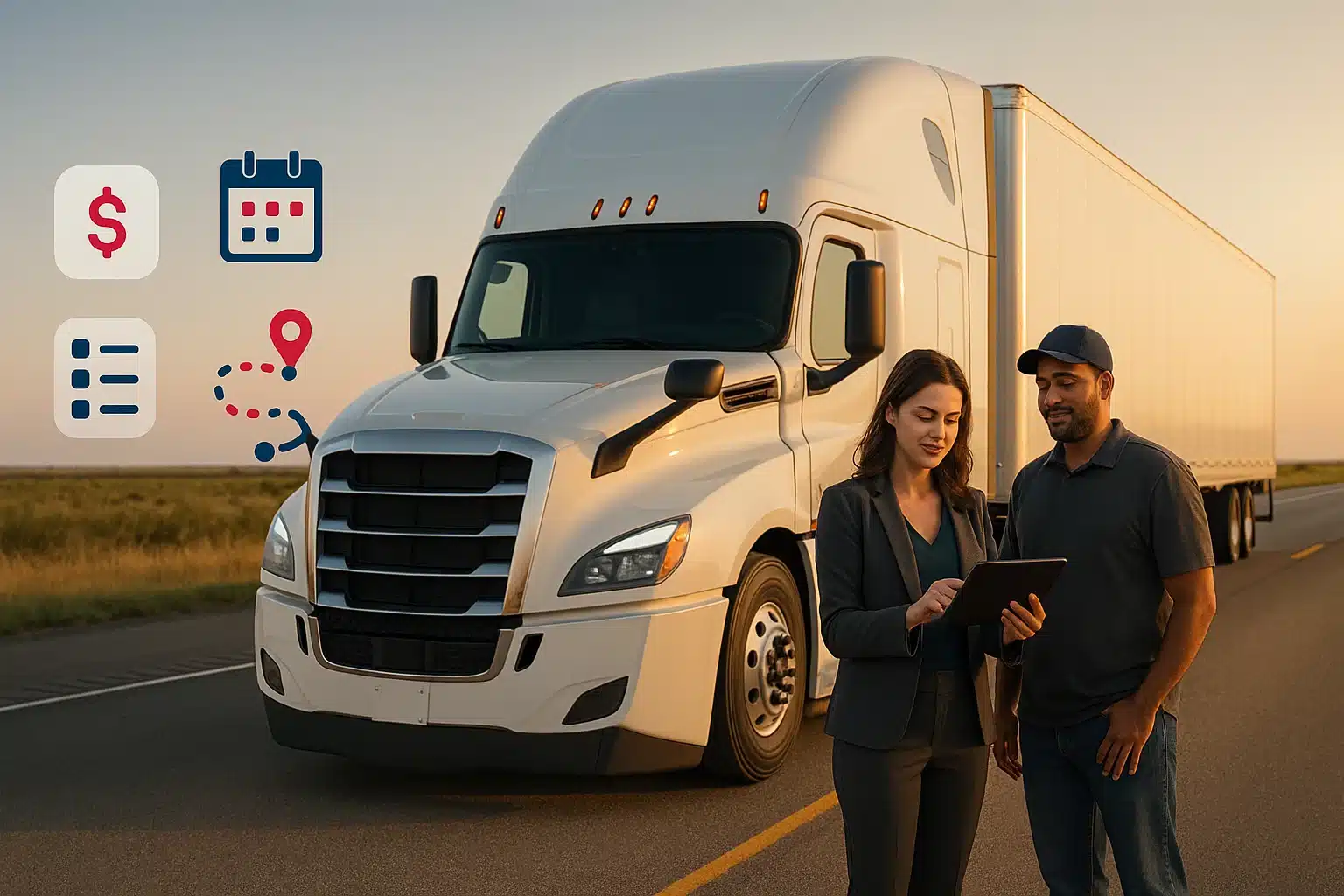 Lease On with We Got This Trucking – Owner-Operator 75/25 Owner-operator semi at golden hour with dispatcher support—professional lease-on hero image.