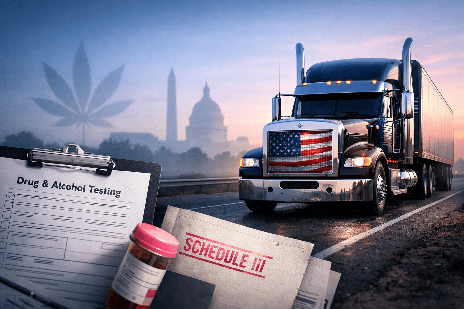 Truck compliance at dawn illustrating DOT drug testing rules remain unchanged after marijuana Schedule III reclassification
