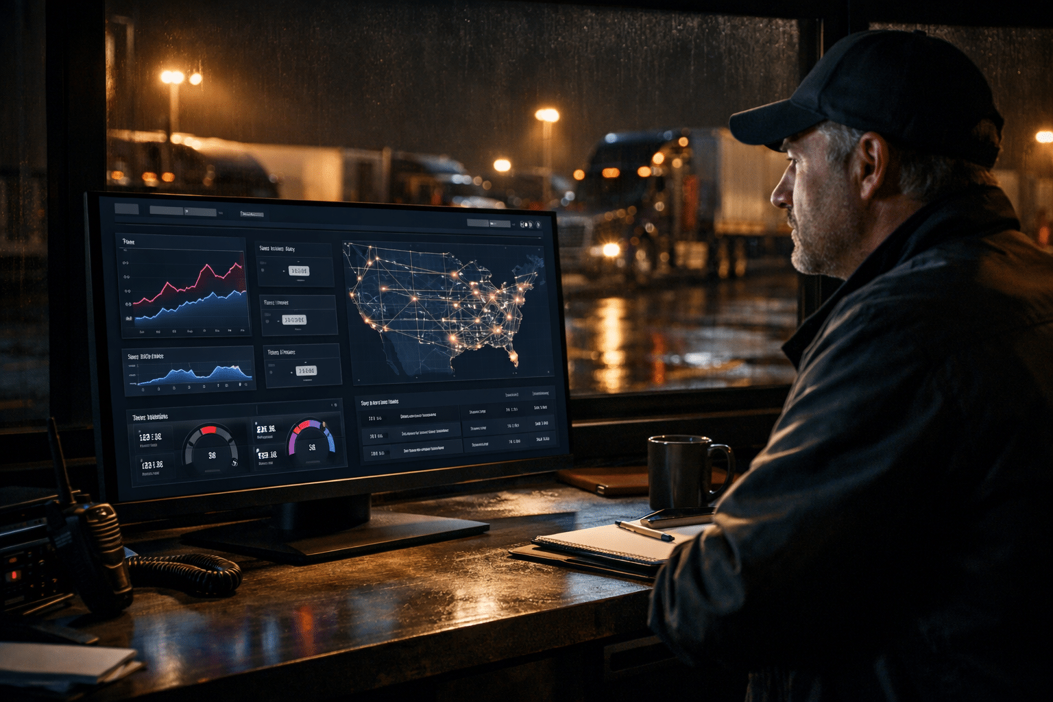 Carrier dashboard showing live RPM, load totals, and map data at a trucking command center